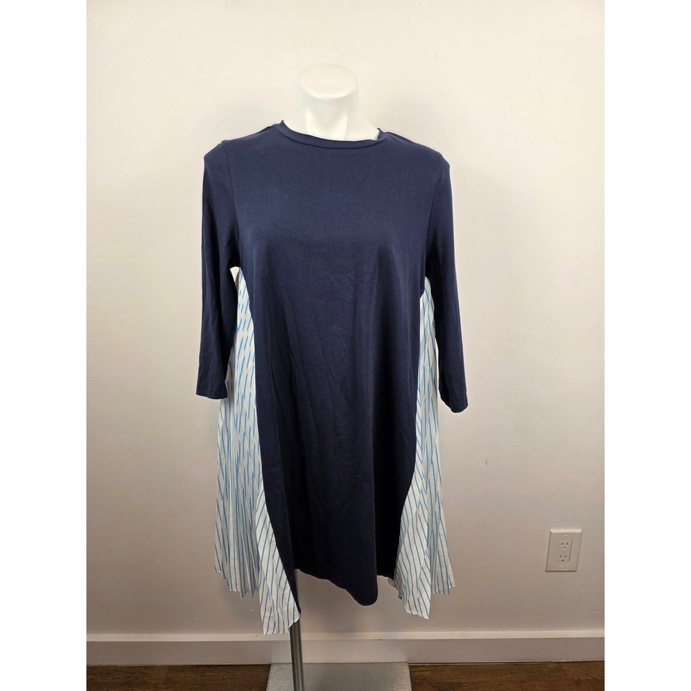 Pomander Place Devon‎ Navy Blue Mixed Media Pleated Stripe Long Sleeve Dress M